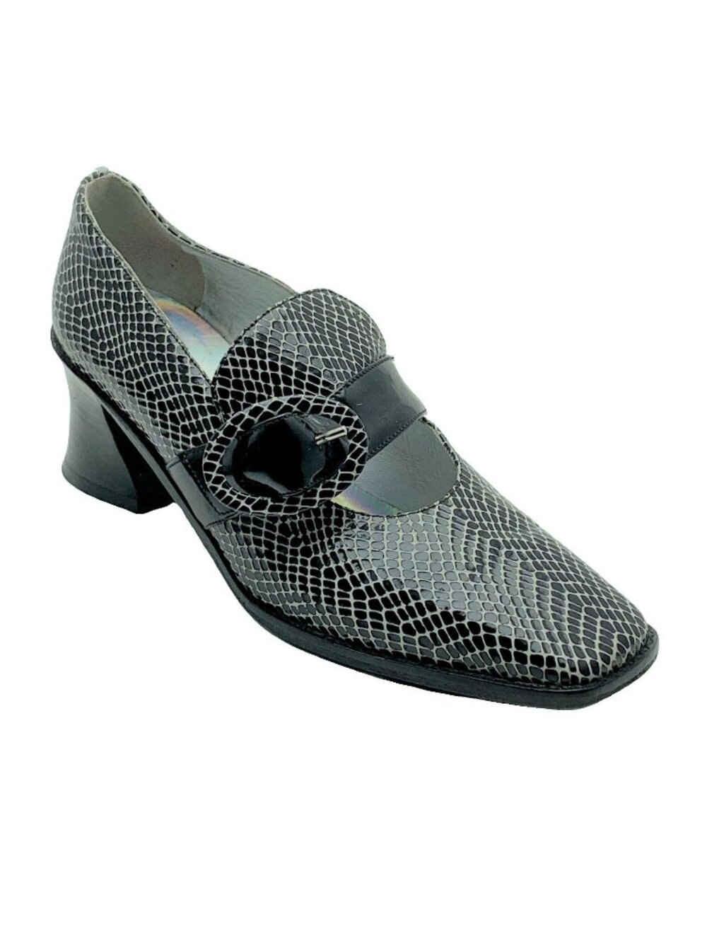 DENNIS COMEAU Vintage Black Snake Print Heeled Loafers With Buckle Detail Size 7